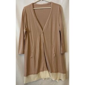 Logo Lori Goldstein 1 Button Open Cardigan Womens L  Sheer Lace Hem 3/4 Sleeves